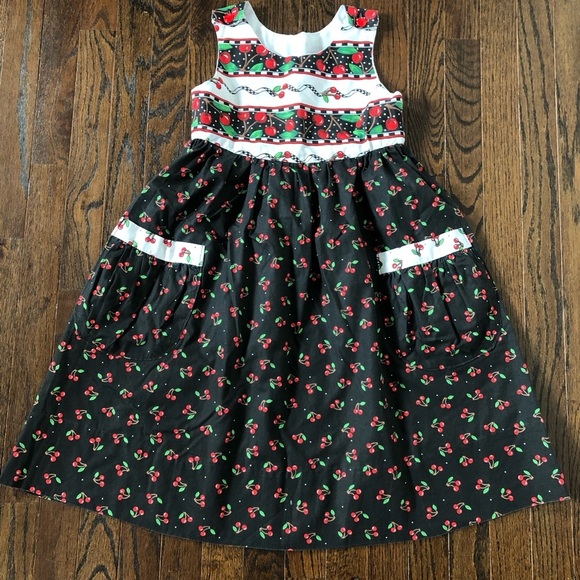 Other - Vintage Girls 8-10 Black/Red Cherries A-Line Sleeveless Midi Dress w/Pockets